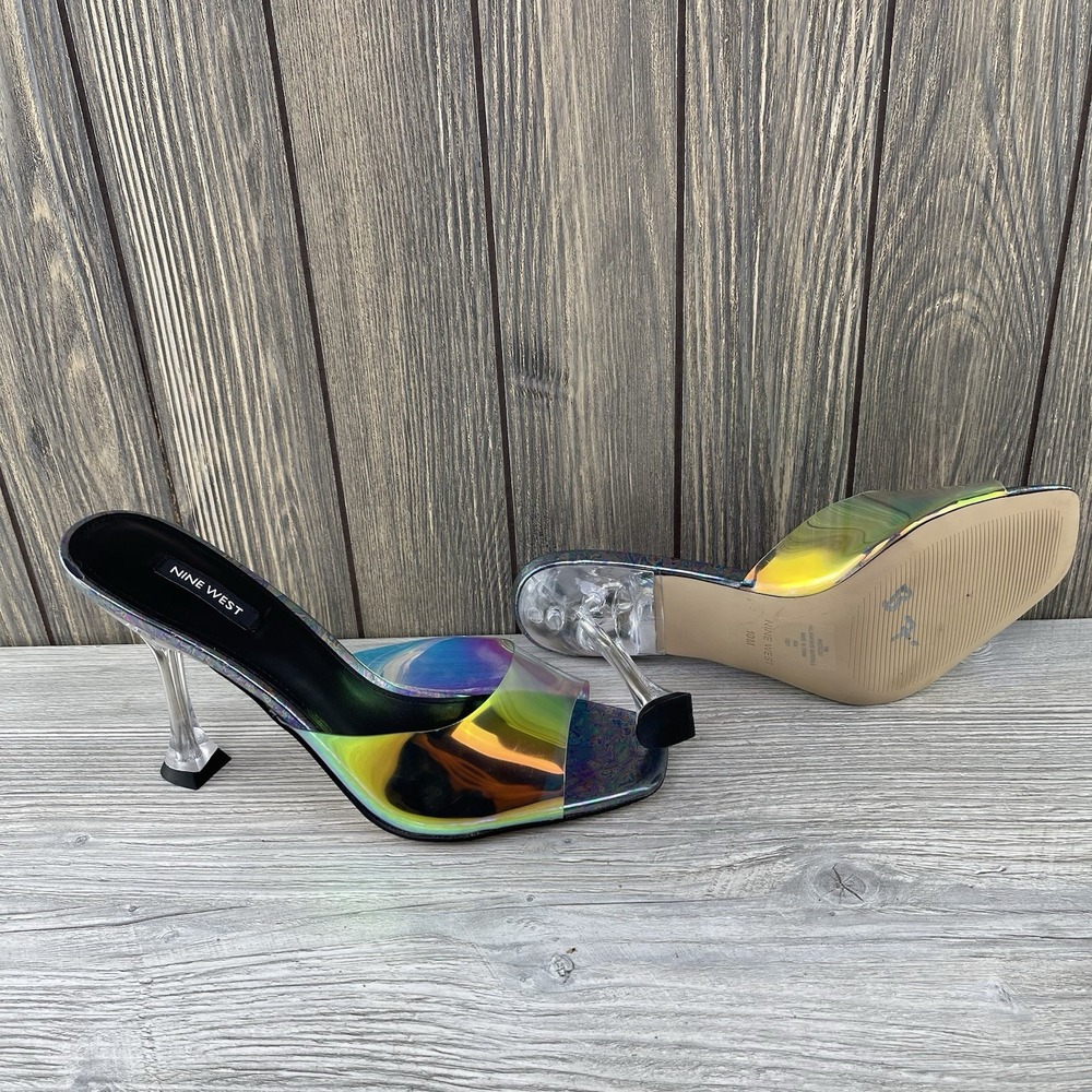 Nine West Holographic Clear Heel Mule Sandals Square Toe Rainbow Women's Size:10 - Picture 11 of 16
